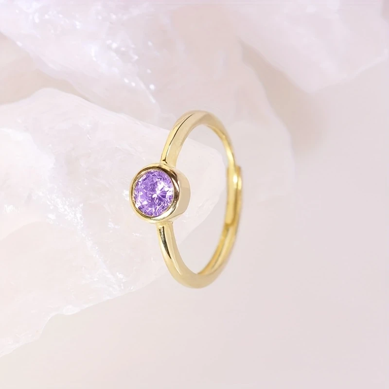 Golden Light Reflecting Amethyst Small Round Amethyst Mystery Light Halo S925 Silver 0.1 Carat Adjustable Opening Ring for Women – Light Luxury, High-End Design, Perfect for Daily Wear and Special Occasions