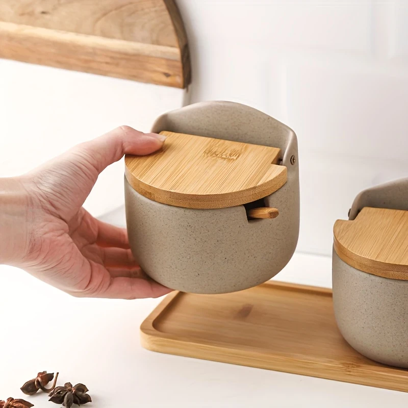 Japanese Ceramic Bamboo and Wood Lid Seasoning Jar Set – Elegant and Practical Storage for Salt, Sugar, and Spices
