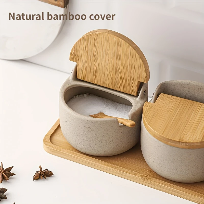 Japanese Ceramic Bamboo and Wood Lid Seasoning Jar Set – Elegant and Practical Storage for Salt, Sugar, and Spices