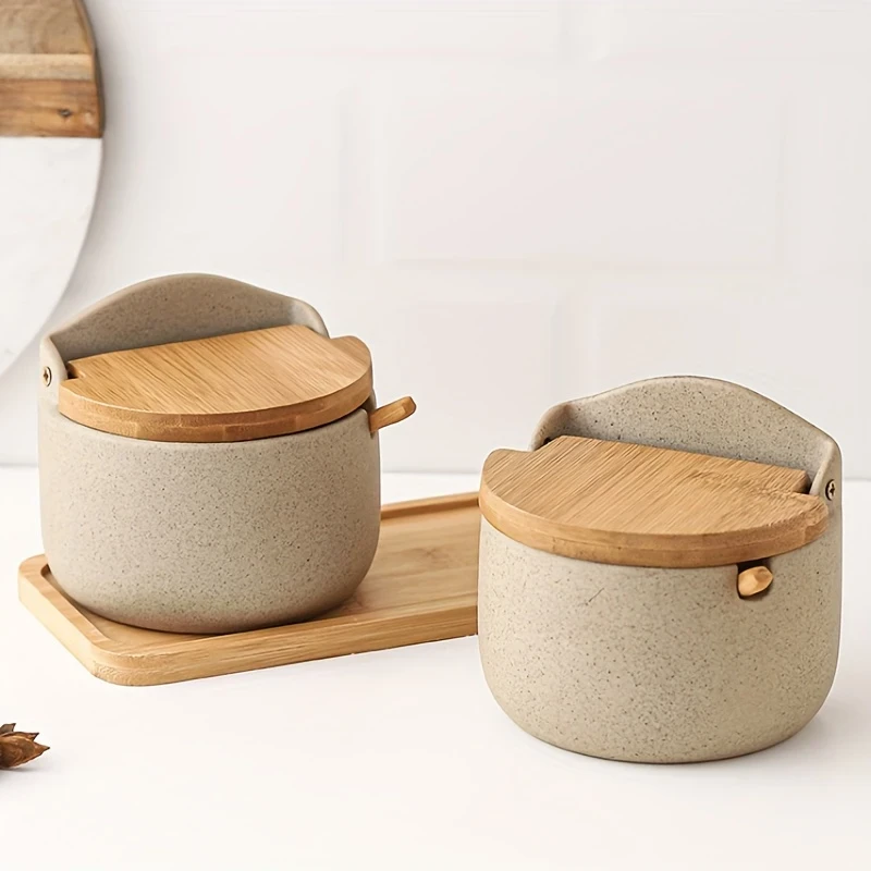 Japanese Ceramic Bamboo and Wood Lid Seasoning Jar Set – Elegant and Practical Storage for Salt, Sugar, and Spices