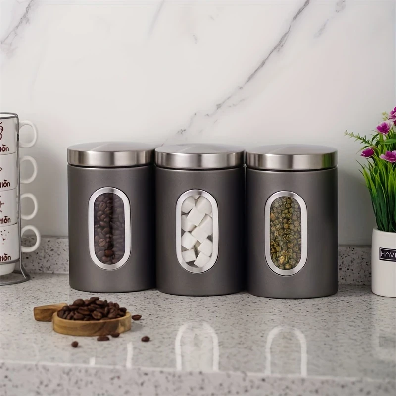 3pcs Black/Gray Food Containers for Coffee, Sugar, Tea, and Beans – Airtight Storage Cans for Kitchen Organization