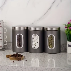 3pcs Black/Gray Food Containers for Coffee, Sugar, Tea, and Beans – Airtight Storage Cans for Kitchen Organization