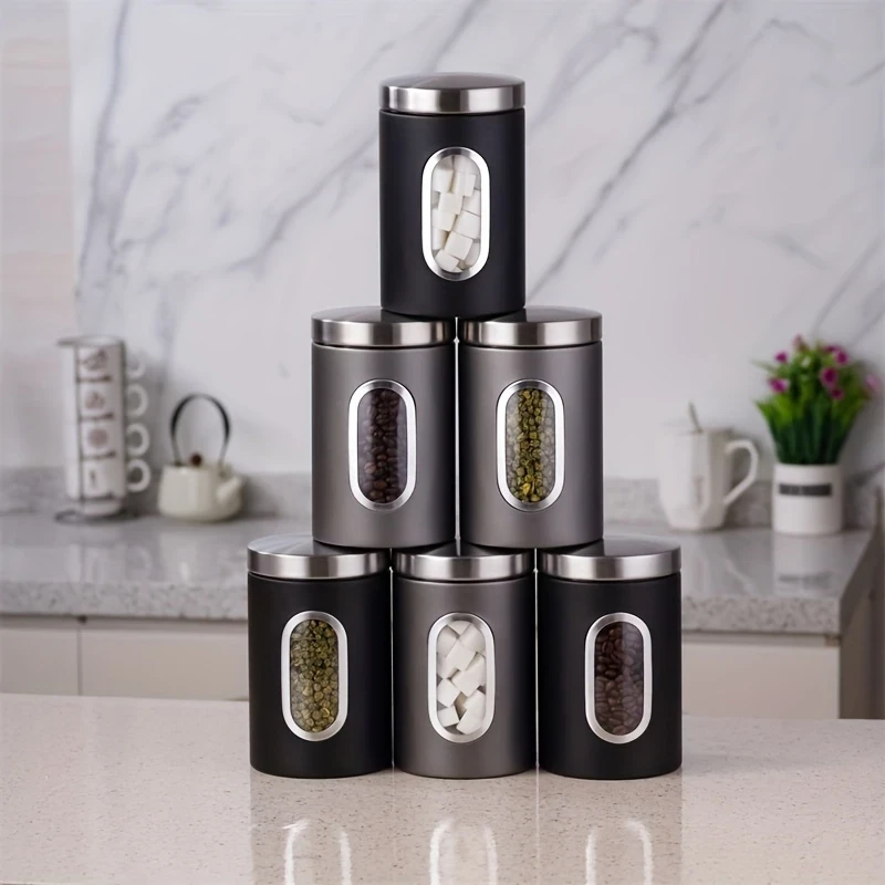 3pcs Black/Gray Food Containers for Coffee, Sugar, Tea, and Beans – Airtight Storage Cans for Kitchen Organization