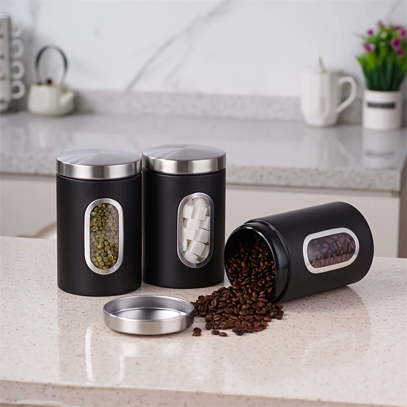 3pcs Black/Gray Food Containers for Coffee, Sugar, Tea, and Beans – Airtight Storage Cans for Kitchen Organization