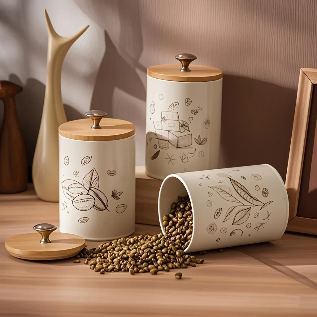 3pcs/Set Coffee, Sugar, Tea Storage Jar with Bamboo Lid – Airtight Round Containers for Kitchen Countertops