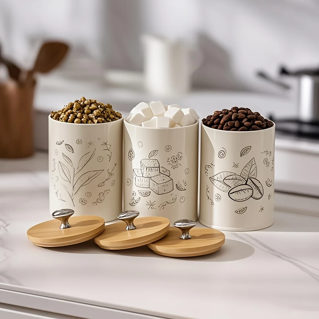 3pcs/Set Coffee, Sugar, Tea Storage Jar with Bamboo Lid – Airtight Round Containers for Kitchen Countertops