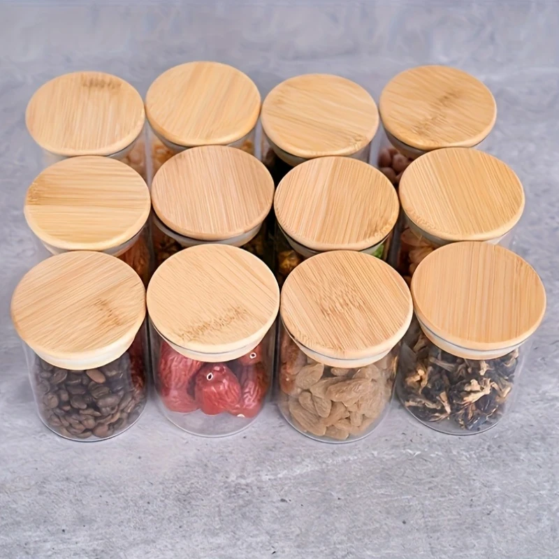 1SET-12-6-4pcs Glass Storage Jars with Bamboo Lids – Airtight Food Containers for Tea, Coffee Beans, Sugar, Cookies, and More Product Overview