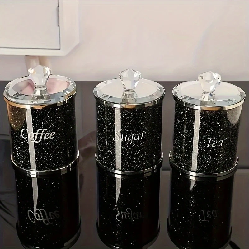 1 Set of 3 Pcs Glass Candy Jar – European Style Crystal Glass Tea, Coffee, Sugar, Dried Fruit, and Seasoning Storage Jar Set