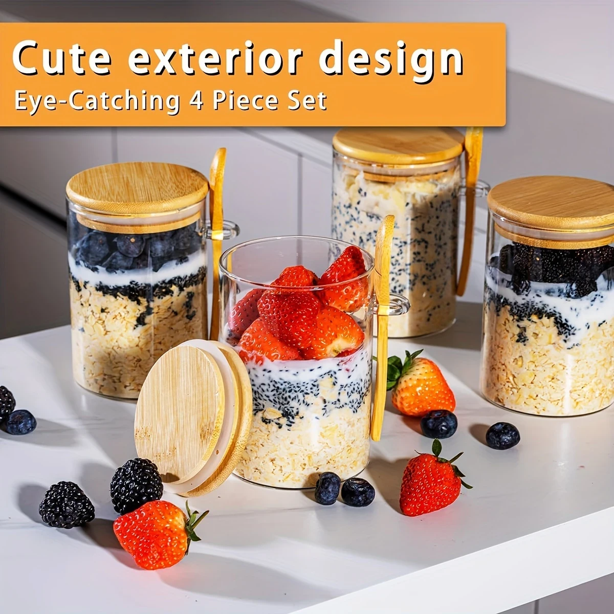 [Oatmeal Cup Container] 2pcs/4pcs 16oz Oatmeal Cup with Lid and Spoon – Meal Preparation Container for Chia Seed, Pudding, Yogurt, Salad, Cereal, and More