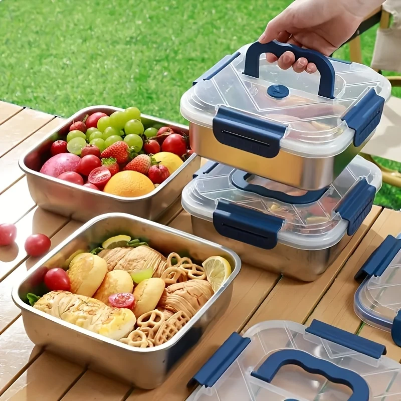 4pcs Stainless Steel Leakproof Food Storage Container with Blue Lid – Microwave Safe, Reusable, Ideal for Refrigerator & Bento Boxes, Kitchen Essentials, Universal Fit for Outdoor Cooking & Meal Prep
