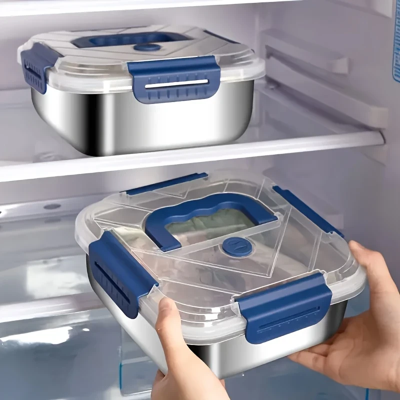 4pcs Stainless Steel Leakproof Food Storage Container with Blue Lid – Microwave Safe, Reusable, Ideal for Refrigerator & Bento Boxes, Kitchen Essentials, Universal Fit for Outdoor Cooking & Meal Prep