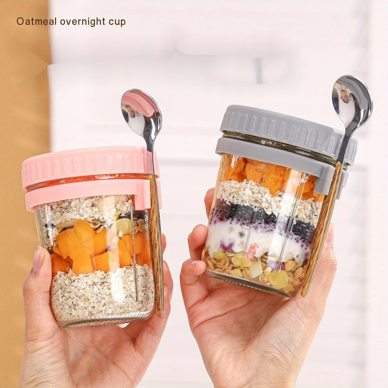 Leak-Proof Glass Meal Prep Containers with Wooden Spoon Lids – Reusable Stackable Oatmeal Cups for Yogurt, Salad, Smoothies – Portable Multi-Use Kitchen & Lunch Storage (Hand Wash Only), Kitchen Organization | Vibrant Lid Colors | Airtight Containers
