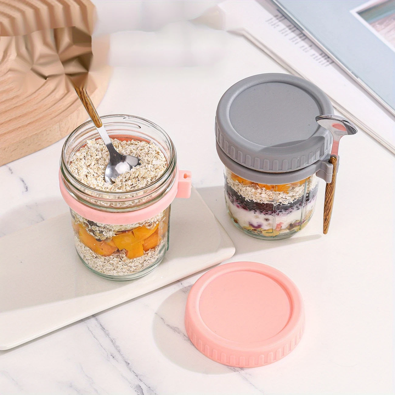 Leak-Proof Glass Meal Prep Containers with Wooden Spoon Lids – Reusable Stackable Oatmeal Cups for Yogurt, Salad, Smoothies – Portable Multi-Use Kitchen & Lunch Storage (Hand Wash Only), Kitchen Organization | Vibrant Lid Colors | Airtight Containers