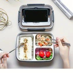 Leak-Proof Stainless Steel 3-Compartment Lunch Box – Durable, Easy-Clean Bento Container for Students & Office Workers, Microwave Safe