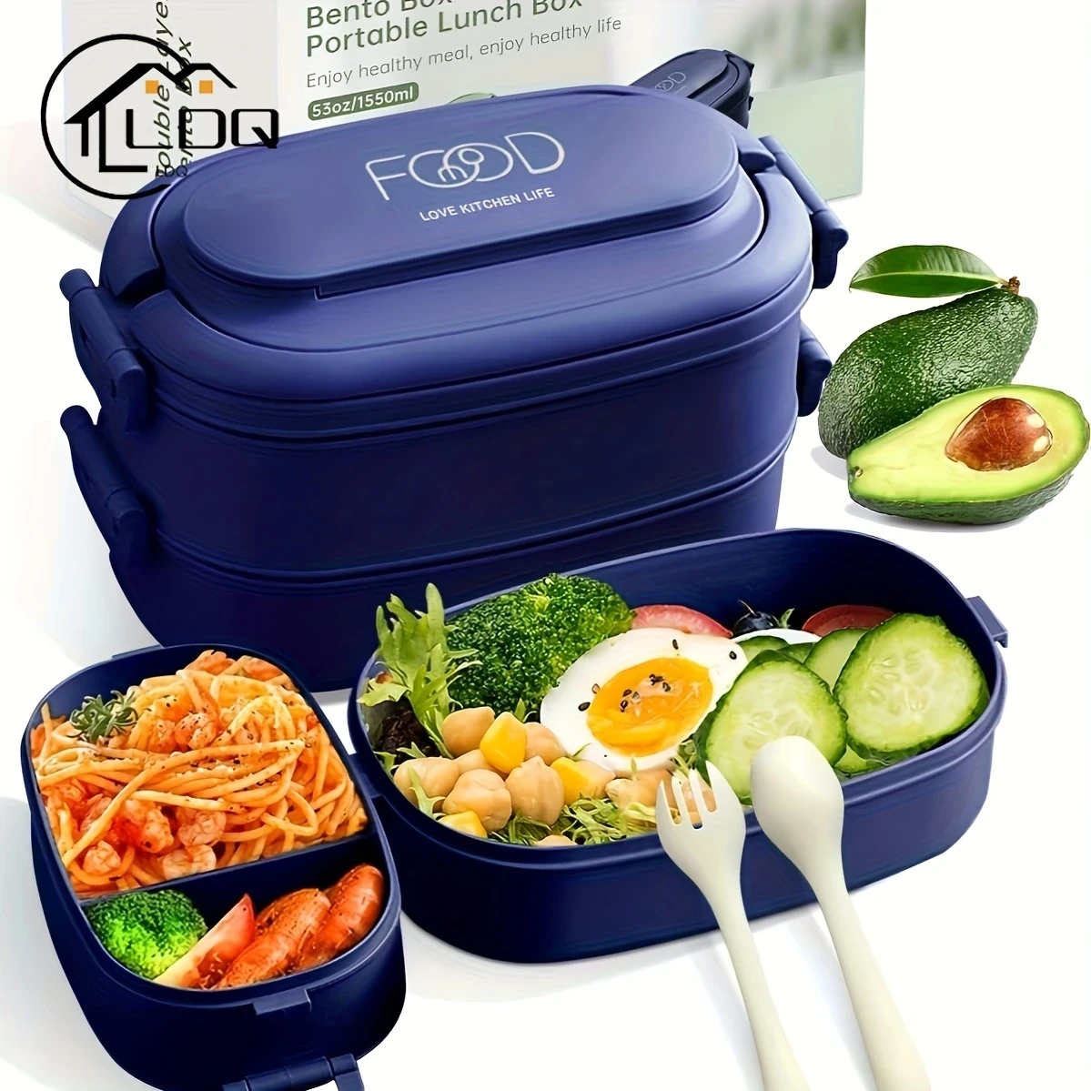 LDQ Stackable Lunch Box with Utensils – Leakproof, Microwave Safe, 1550ml Bento Box for Work & Outdoor Use – Meal Prep Container with Compartments for Salads, Pasta, Veggies