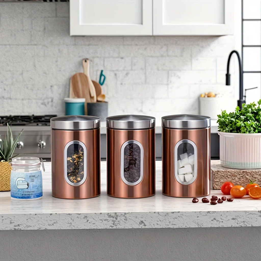 Set of Three Clear Copper Stainless Steel Airtight Containers with Visible Capacity Windows – The Perfect Storage Solution for Your Kitchen
