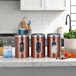 Set of Three Clear Copper Stainless Steel Airtight Containers with Visible Capacity Windows – The Perfect Storage Solution for Your Kitchen