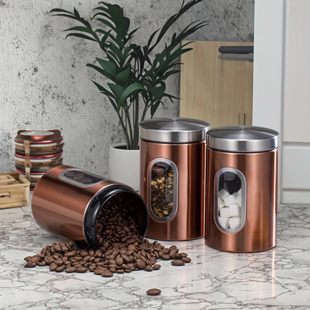 Set of Three Clear Copper Stainless Steel Airtight Containers with Visible Capacity Windows – The Perfect Storage Solution for Your Kitchen