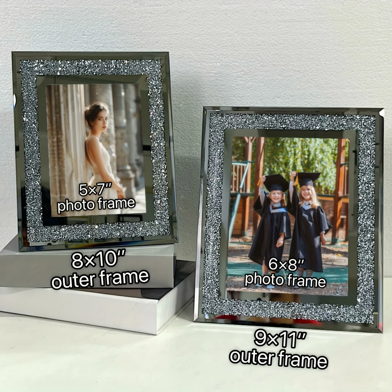 Glam Crystal Glass Diamond Silver Mirror Picture Frames Set – Elegant Display for Your Cherished Moments