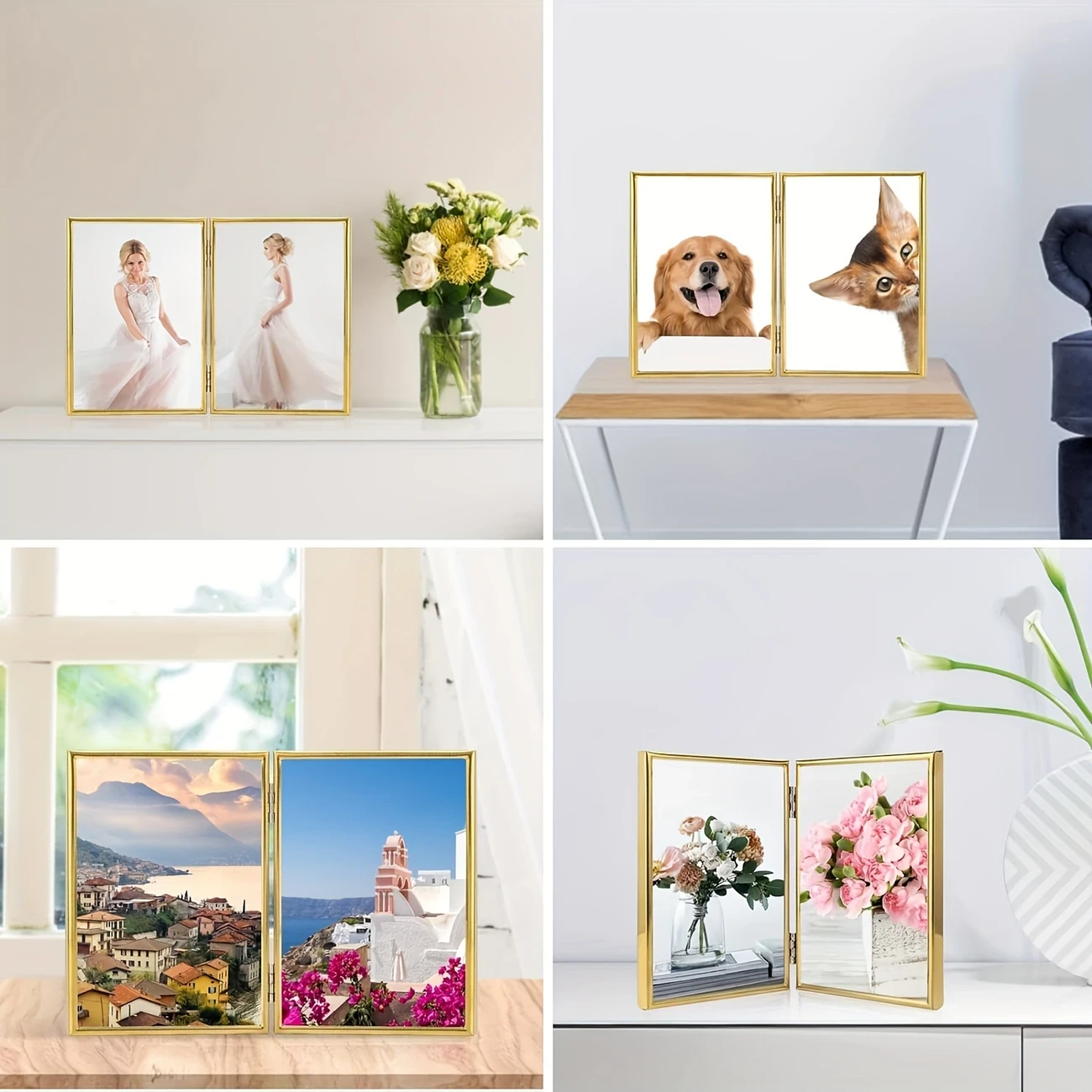 Picture Frame Double Hinged Gold Metal Thin Edge Frame with High Definition Glass Front – Folding Frames Stand Vertically on Tabletop for Portraits & Landscapes