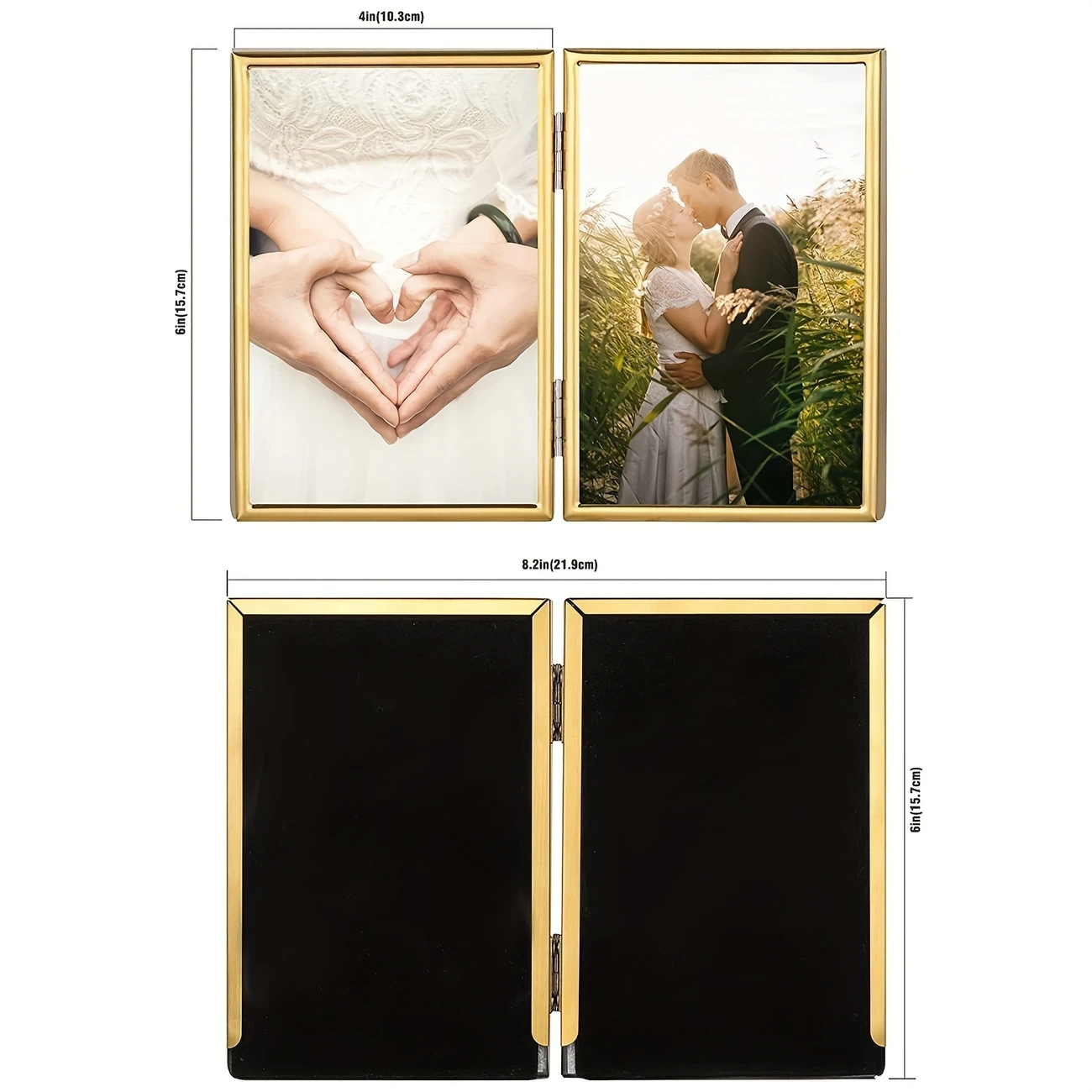 Picture Frame Double Hinged Gold Metal Thin Edge Frame with High Definition Glass Front – Folding Frames Stand Vertically on Tabletop for Portraits & Landscapes