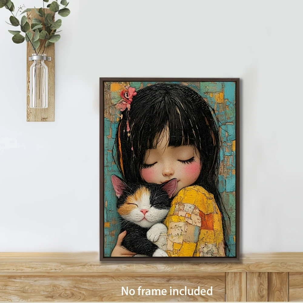Hand-painted Girl Holding a Kitten Canvas Painting – Wall Art Decoration