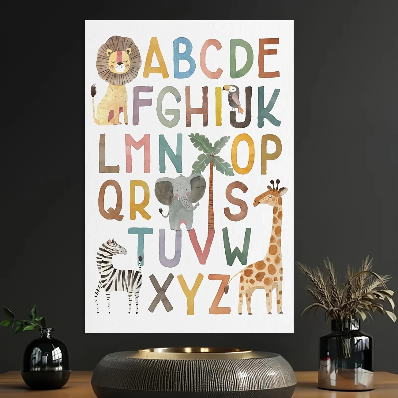 1pc Frameless Alphabet Animal Wall Art Canvas – Vibrant ABC Zodiac Design