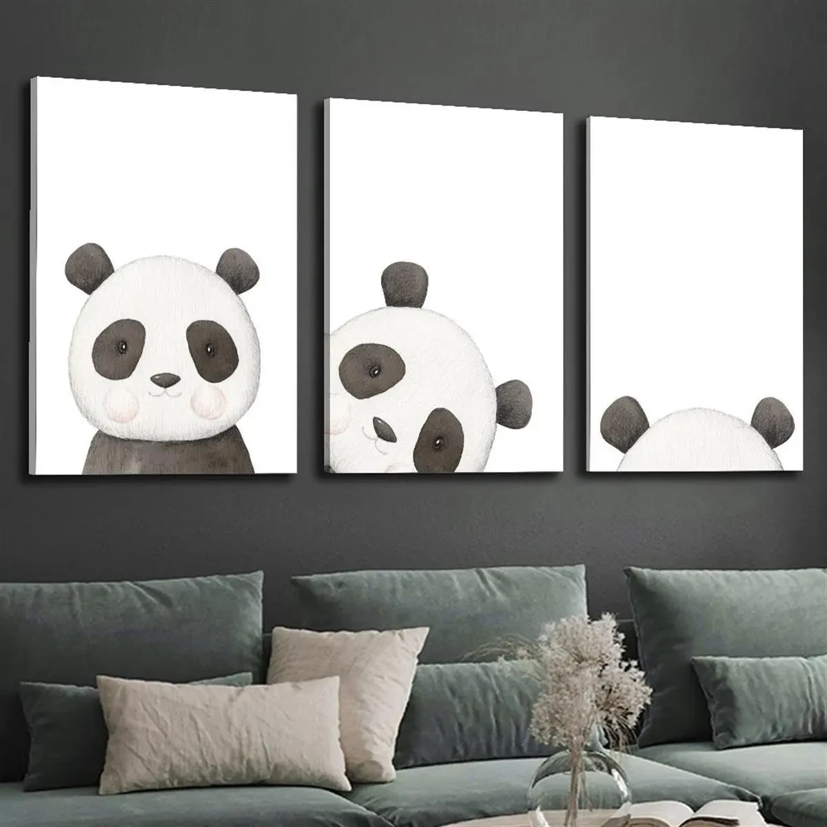 3pcs Wood Frame Canvas Print Decorative Painting – Watercolor Cartoon Panda Painting