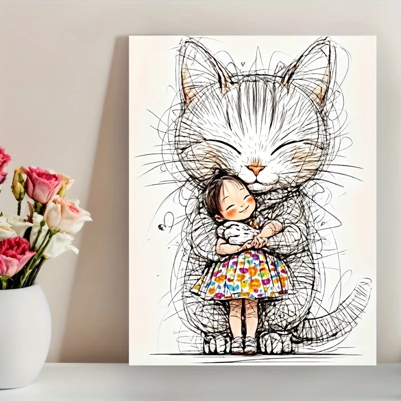 Charming Cartoon Cat & Girl Watercolor Canvas Art – Frameless Modern Wall Art