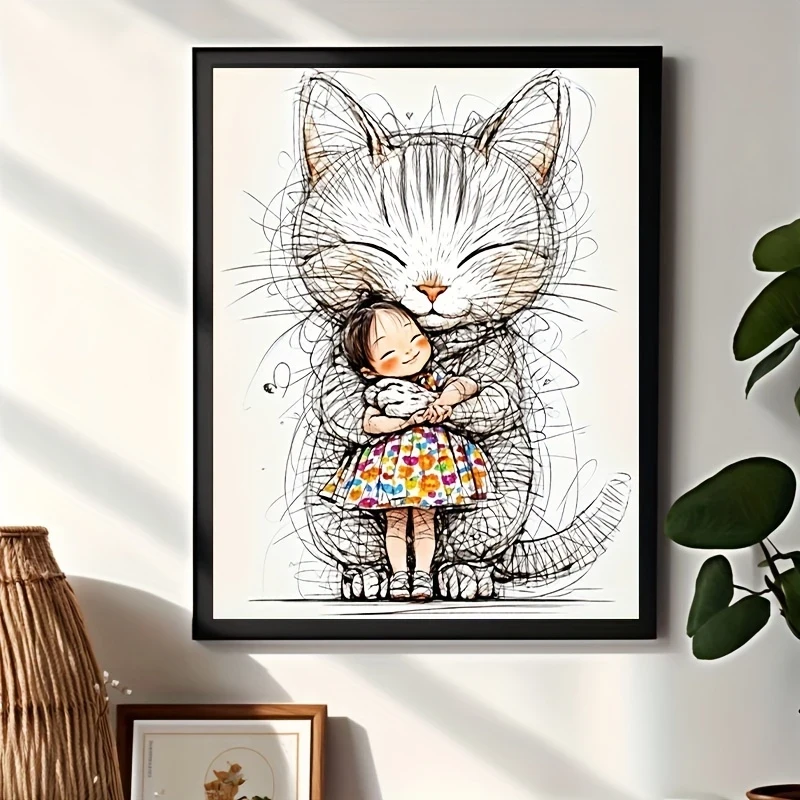 Charming Cartoon Cat & Girl Watercolor Canvas Art – Frameless Modern Wall Art