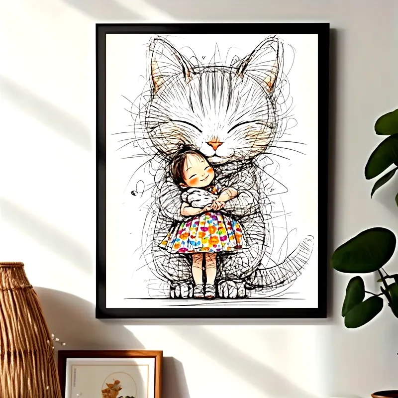 Charming Cartoon Cat & Girl Watercolor Canvas Art – Frameless Modern Wall Art