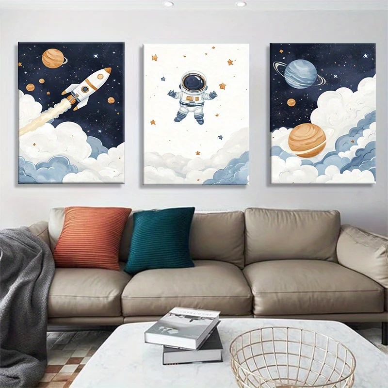 3pcs Space Adventure Wall Art – Cute Astronaut & Rocket in Outer Space Canvas Prints