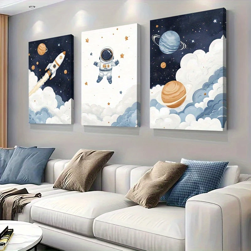 3pcs Space Adventure Wall Art – Cute Astronaut & Rocket in Outer Space Canvas Prints