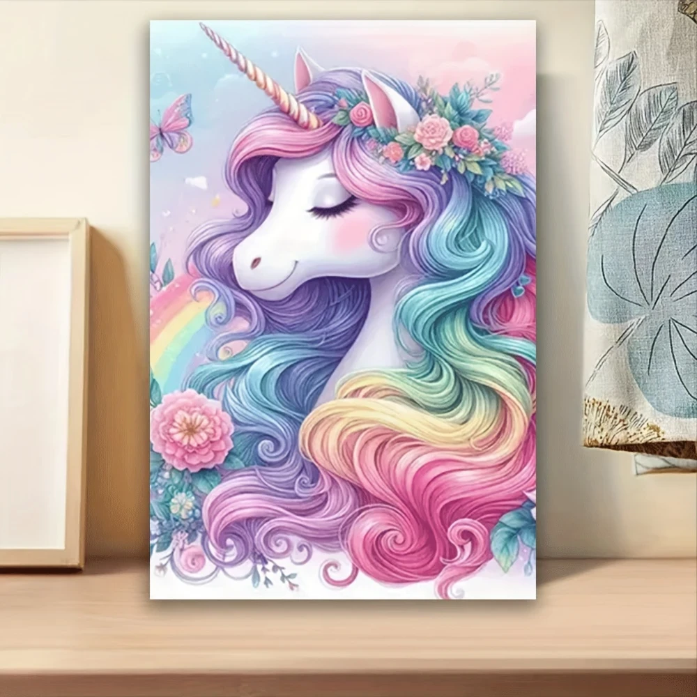 1pc One Piece Unicorn Canvas Wall Art – Vibrant Rainbow Mane & Pastel Floral Design
