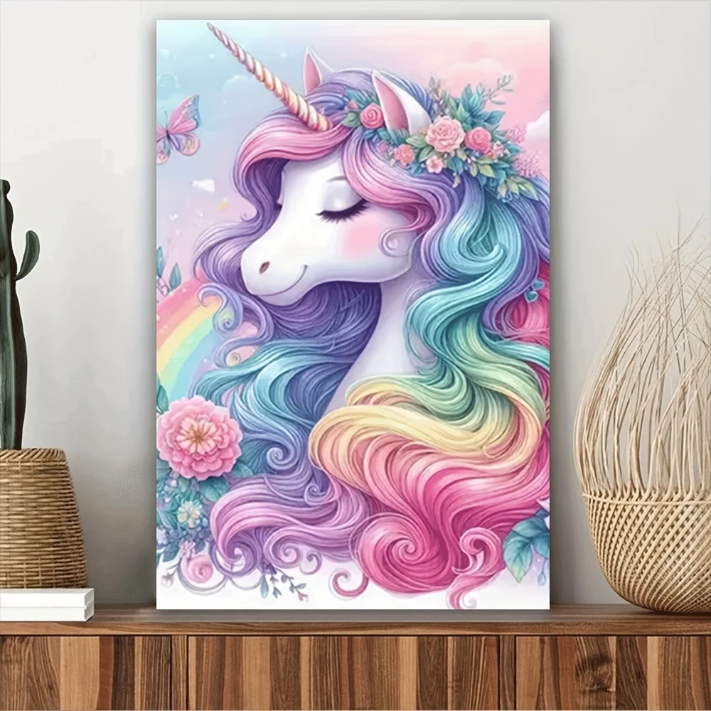 1pc One Piece Unicorn Canvas Wall Art – Vibrant Rainbow Mane & Pastel Floral Design
