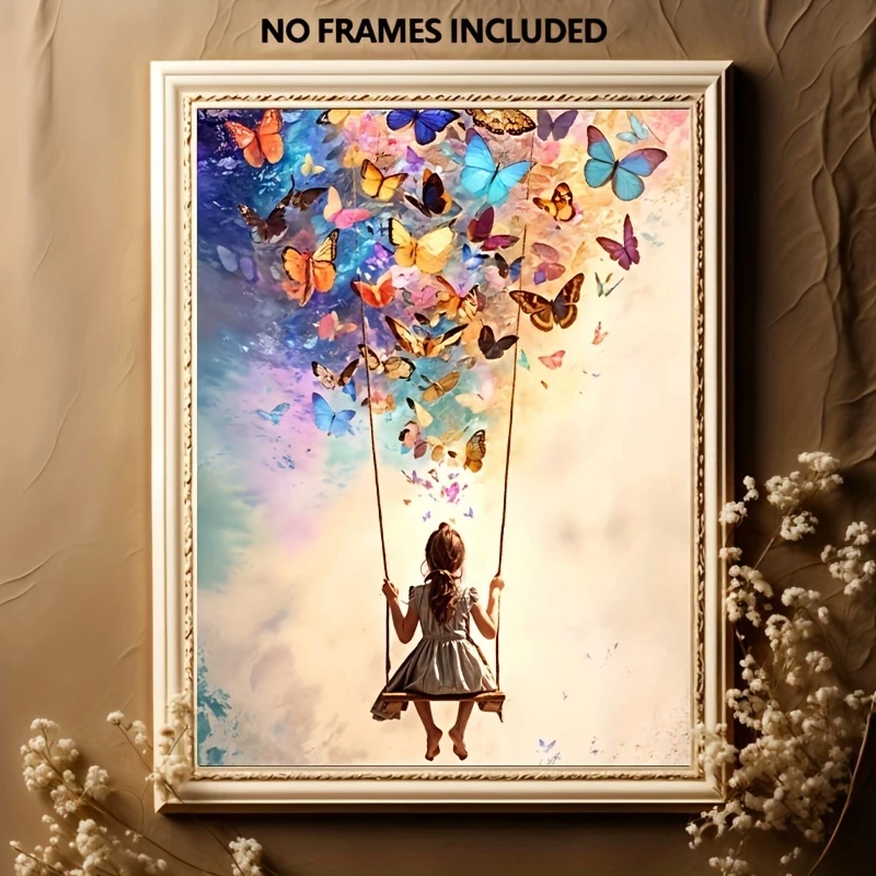 Dreamy Girl on a Swing Surrounded by Colorful Butterflies – Frameless Canvas Wall Art
