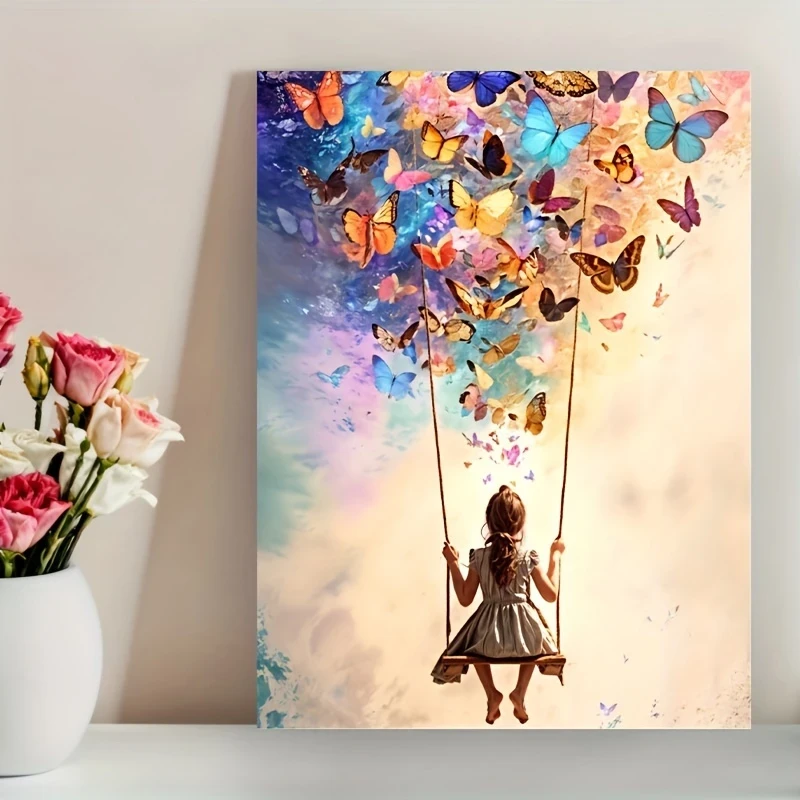 Dreamy Girl on a Swing Surrounded by Colorful Butterflies – Frameless Canvas Wall Art