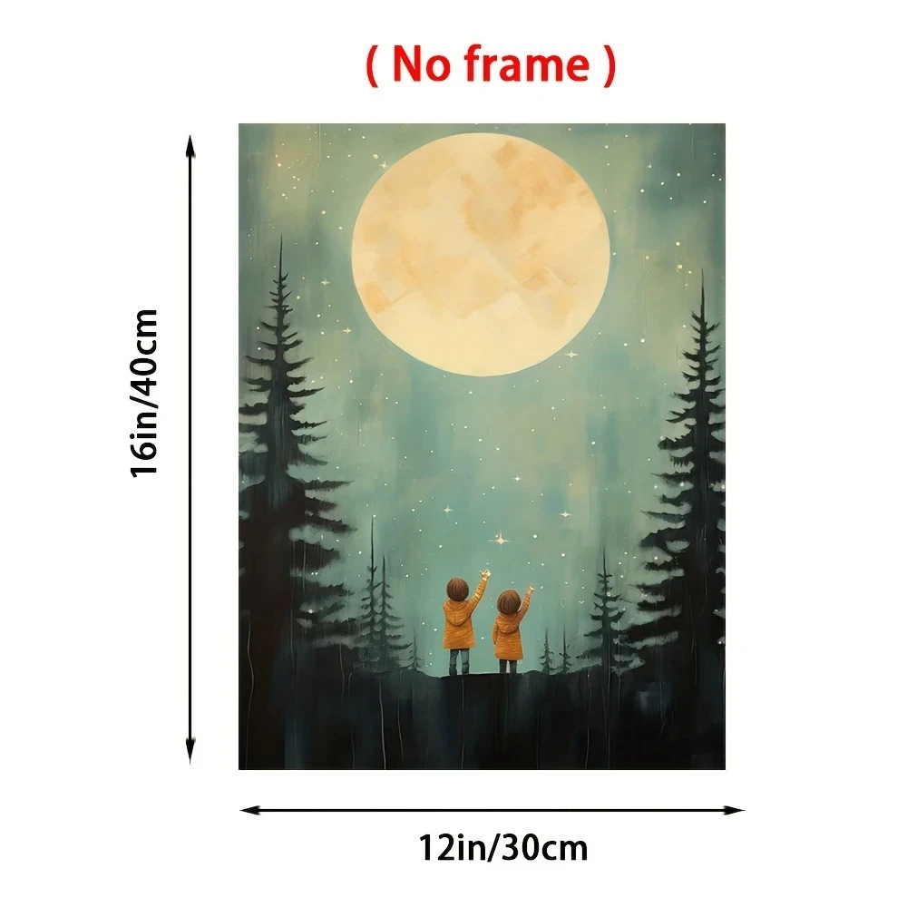 Starry Night Adventure 30.48X40.64cm Frameless Canvas Art – Siblings & Forest Stars Print