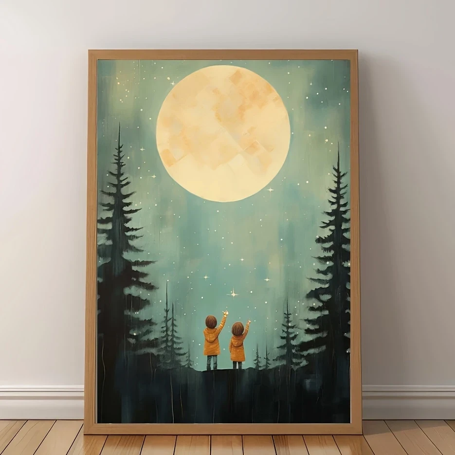 Starry Night Adventure 30.48X40.64cm Frameless Canvas Art – Siblings & Forest Stars Print