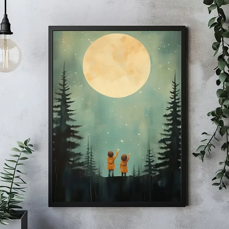 Starry Night Adventure 30.48X40.64cm Frameless Canvas Art – Siblings & Forest Stars Print