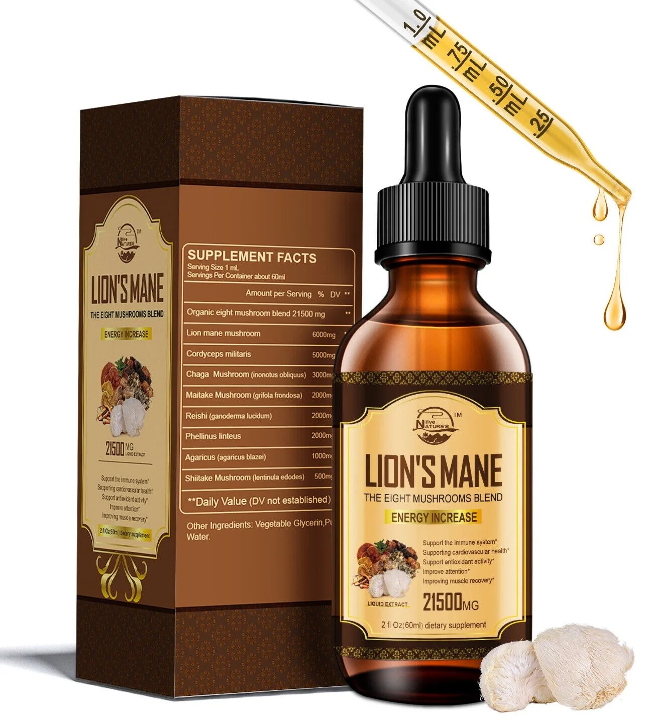 60ml Lion’s Mane, Chaga Mushroom Complex Reishi Extract Liquid Herbal Drops