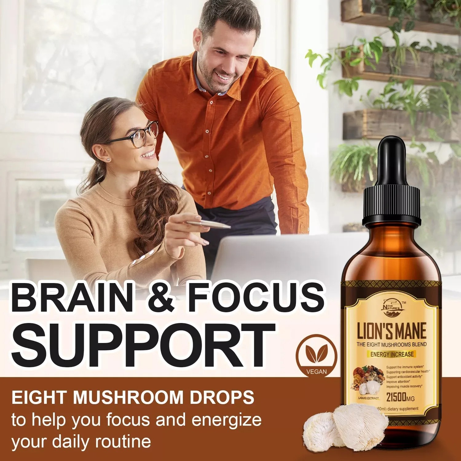 60ml Lion’s Mane, Chaga Mushroom Complex Reishi Extract Liquid Herbal Drops