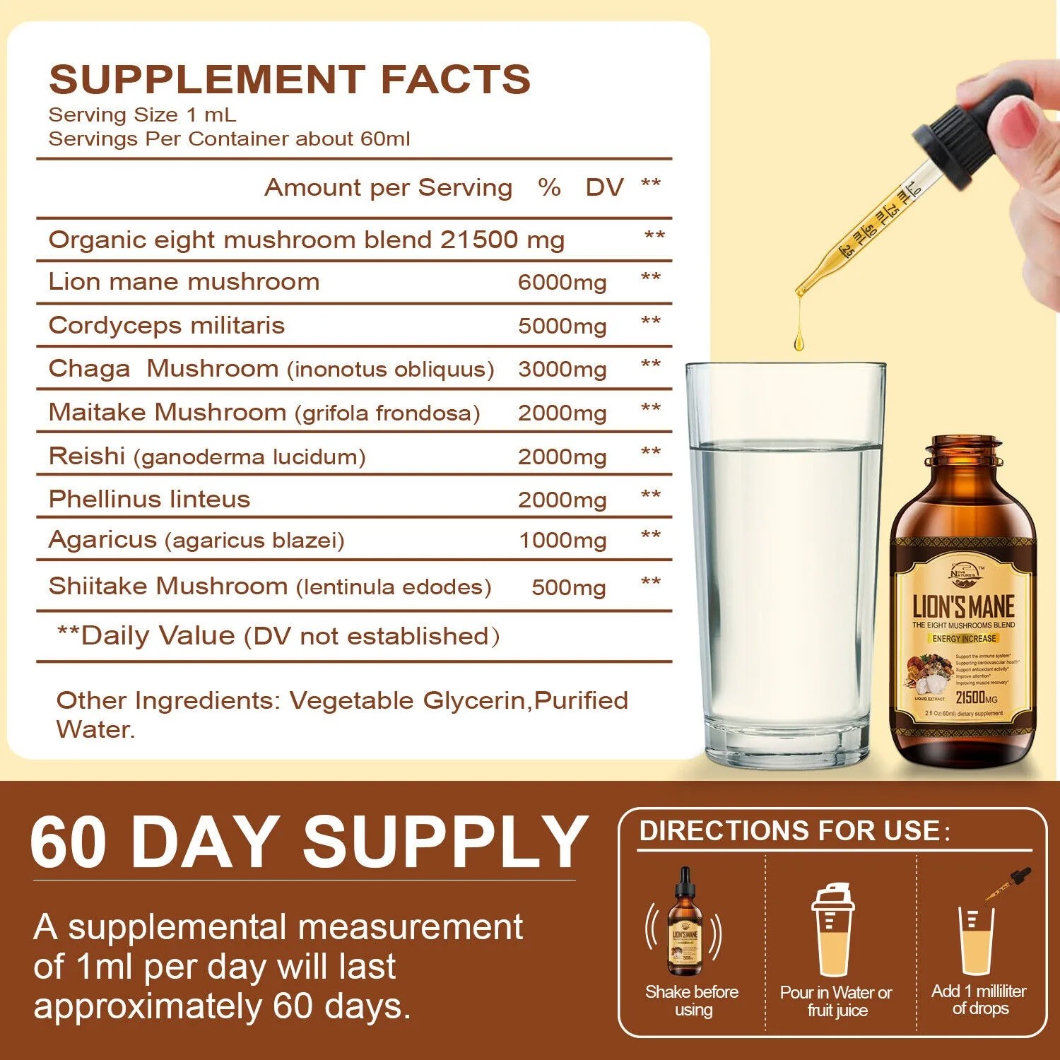 60ml Lion’s Mane, Chaga Mushroom Complex Reishi Extract Liquid Herbal Drops