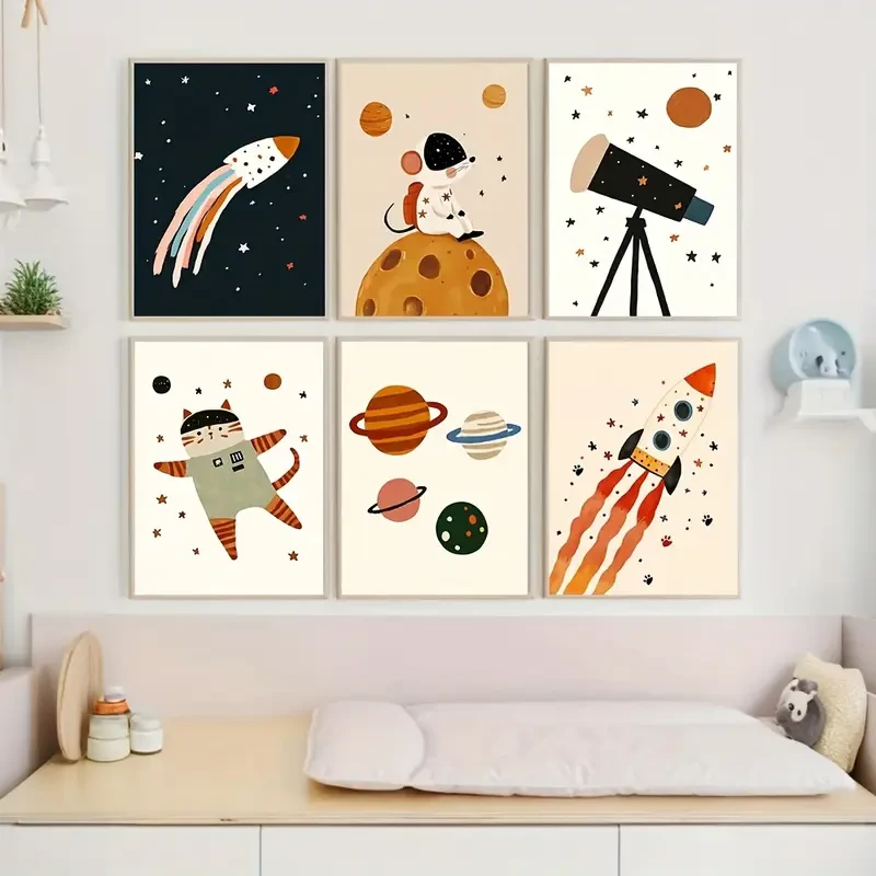 Set of 6 Unframed Outer Space Adventure Nursery Canvas Poster Print – Inspiring Space-Themed Wall Art for Youngsters’ Rooms