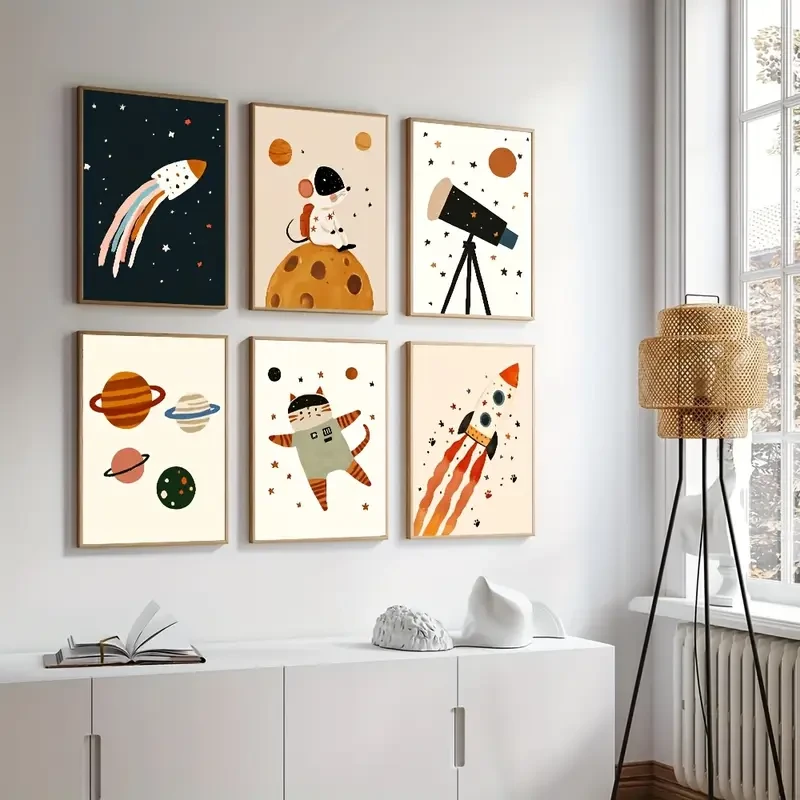 Set of 6 Unframed Outer Space Adventure Nursery Canvas Poster Print – Inspiring Space-Themed Wall Art for Youngsters’ Rooms