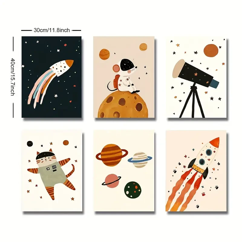 Set of 6 Unframed Outer Space Adventure Nursery Canvas Poster Print – Inspiring Space-Themed Wall Art for Youngsters’ Rooms