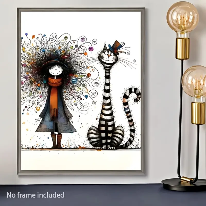 Whimsical Girl and Cat Canvas Print – A Modern Abstract Wall Art with Vibrant Colors