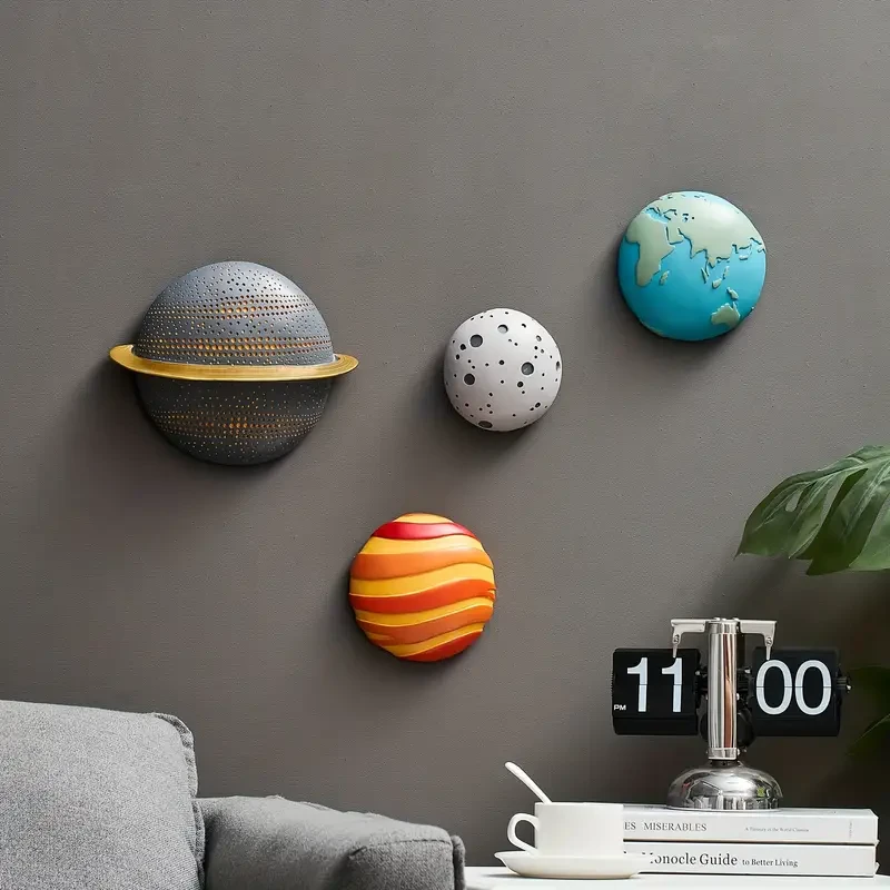 4pcs Modern Outer Space Planets Wall Decor – 3D Planet Earth Solar System Sculptures for a Celestial-Themed Room