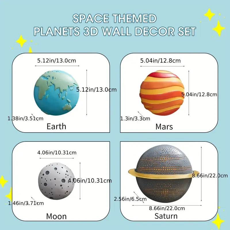 4pcs Modern Outer Space Planets Wall Decor – 3D Planet Earth Solar System Sculptures for a Celestial-Themed Room