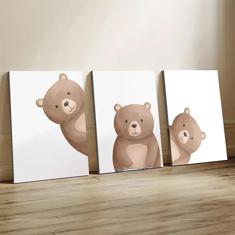 3pcs Wooden Framed Peeping Bear Nursery Print – Neutral Nursery Bear Wall Art for Creative Home Decor